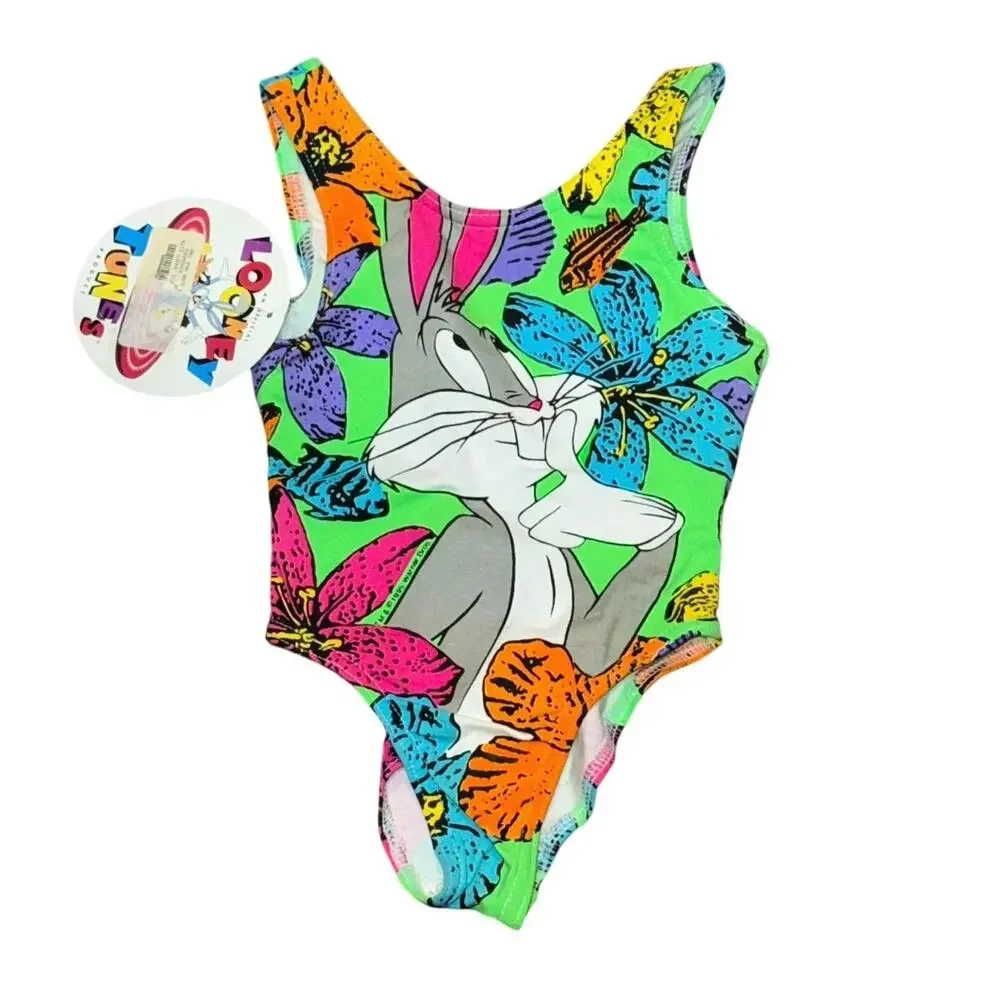 NWT 2T Vintage 90s Warner Brothers Bugs Bunny & Daffy Duck One piece Swimsuit